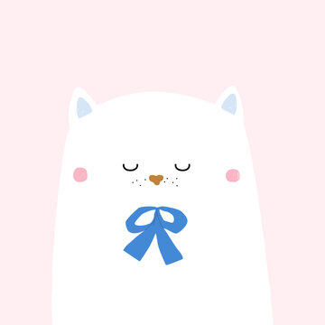 Cute white cat with blue bow. Childish print. Vector hand drawn illustration.