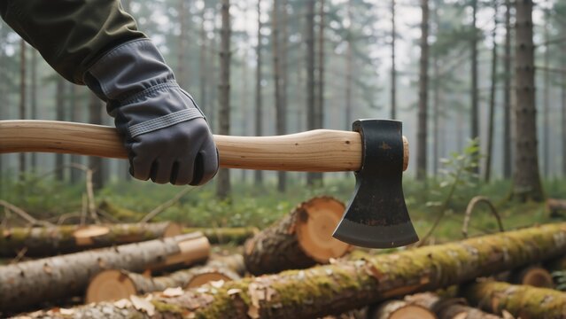 Gloved hand holding a wooden hatchet in a pine forest. Lumberjack with axe ready for woodcutting. Outdoor survival tool