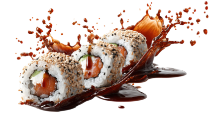 salmon sushi rolls with sesame seeds splashing soy sauce dynamic Asian food isolated on white background