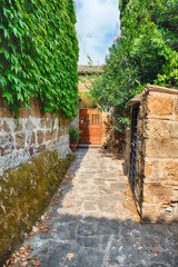 Obraz premium Ancient Stone Dwellings and Verdant Foliage in Civita di Bagnoregio