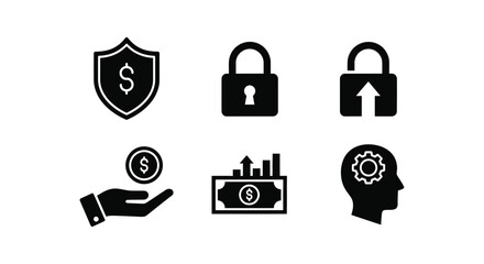 Security finance and protection icons presented as bold black shapes a silhouette