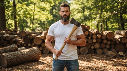 Strong bearded lumberjack holding an axe in the forest. Muscular masculine man standing in front of a pile of chopped wood