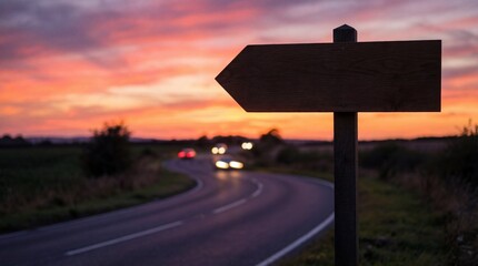 Wooden Directional Signpost by a Winding Road during a Beautiful Sunset in the Countryside