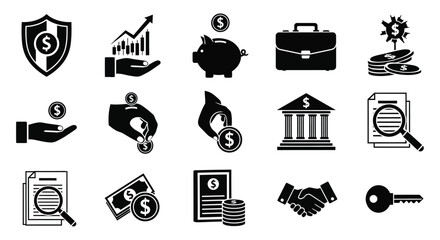 Financial icons representing security growth investment and banking depicted in black silhouette