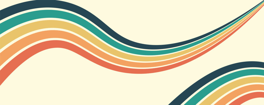 Abstract colorful 70s background vector. Vintage retro wallpaper with rainbow stripes and wavy lines. A 1970 color illustration suitable for posters, banners, decorative items and wall art.