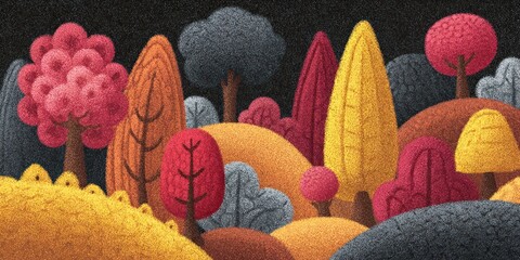 Colorful stylized forest illustration with various trees hills and dark background