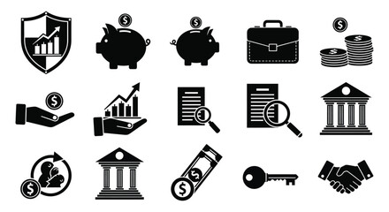 Financial icons depicting savings growth security and investment opportunities a silhouette