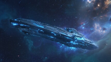 Spaceship flying through cosmic dust and stars. Science fiction concept of futuristic space exploration and interstellar travel. Digital art for galaxy adventure.