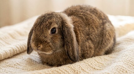 Adorable Brown Lop Eared Rabbit Resting on Soft Knit Blanket in Cozy Indoor Setting