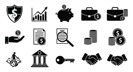Financial icons depict security growth savings and investment opportunities in a bold silhouette