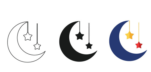 Crescent Moons with Stars Hanging Decorations Vector Set in Three Styles &mdash; Line Art, Silhouette and Color Version for Islamic Design, App UI, Posters and Branding