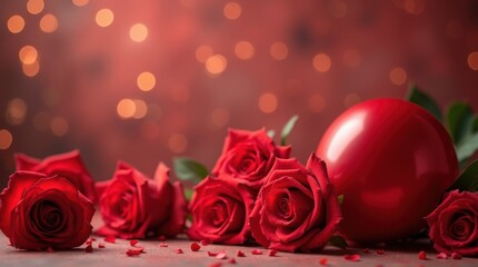 Valentines day background with red roses with a red balloon lying on a table with sparkles in the background 
