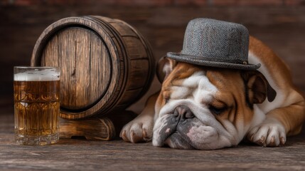 English bulldog puppy wearing a hat sleeping next to a barrel and beer glass. Cute animal portrait for pet care and St. Patricks Day celebration.