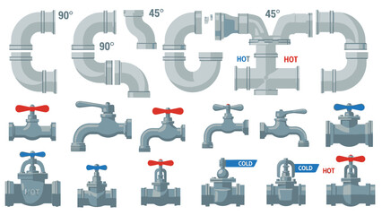 Naklejka premium Collection of various plumbing pipe connections, valves, and faucets with hot and cold indicators on isolated white background.