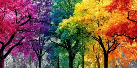 Colorful trees with vibrant foliage in a rainbow of hues against a natural sky