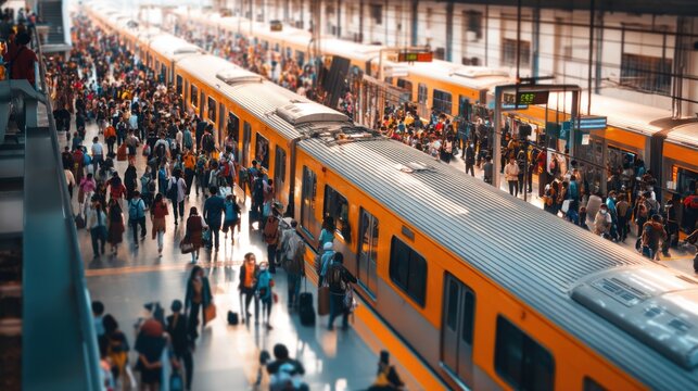 Crowded train station platform with many travelers boarding or disembarking from a long yellow subway train. Urban transportation and commute concept for city life.