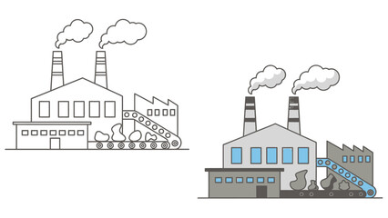 Fototapeta premium Industrial factories with smoking chimneys and conveyor belts, showcasing production lines, isolated white background.