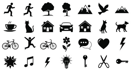 Collection of black icons depicting nature activities and objects in a striking silhouette