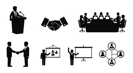 Business meeting icons depicting presentations handshakes and team collaboration a silhouette