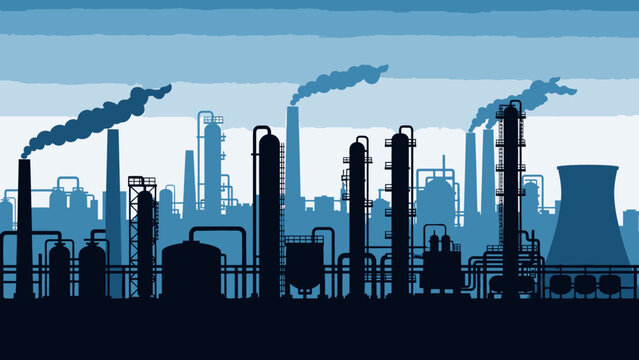 An abstract vector illustration featuring a silhouette of an industrial city skyline with factory towers and a refinery under a sunset sky filled with urban smoke
