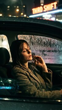 Tired woman resting in car during heavy rain at night. Exhausted female driver leaning back after third shift work with neon sign in background. Hardworking and burnout concept
