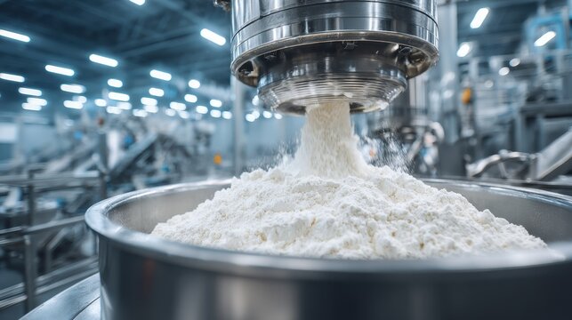 Automated industrial machine dispensing white powder into a stainless steel container in a food processing factory