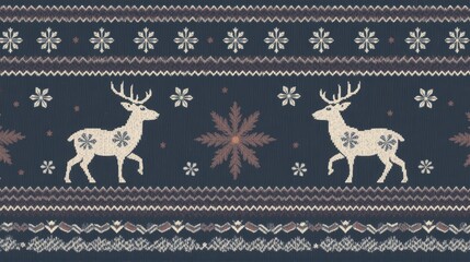 Winter Knit Pattern Featuring White Reindeer and Snowflakes on Dark Blue Background