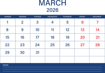 March 2026 calendar template, clean blue monthly planner with notes section.