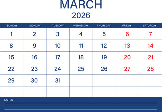 March 2026 calendar template, clean blue monthly planner with notes section. - Powered by Adobe