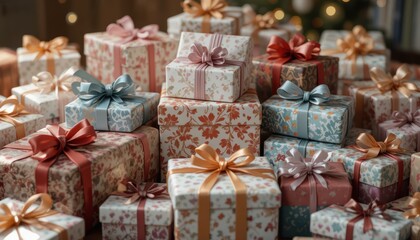 Colorful Array of Wrapped Gift Boxes with Decorative Ribbons and Festive Atmosphere