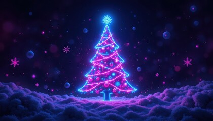 Colorful Neon Christmas Tree Glowing with Lights Surrounded by Snow on a Winter Night