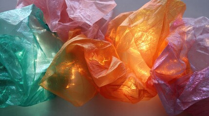 Colorful translucent fabric with crumpled texture and shimmering light. Abstract background for modern design, fashion, or creative projects.
