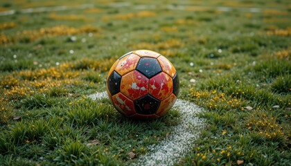 Soccer Ball on a Grass Field with Yellow Flowers in an Outdoor Sports Setting