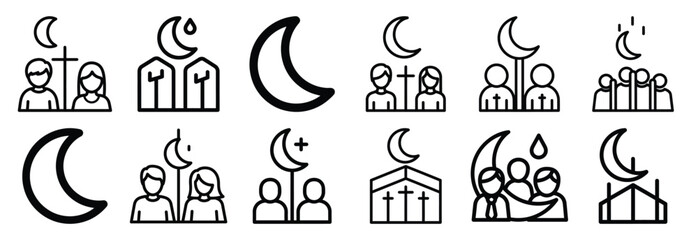 christian worship night Outline Icon Set. Maundy Thursday line art icons