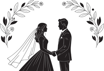 Elegant Wedding Couple Silhouette Holding Hands Under Floral Arch for Save the Date and Marriage Invite