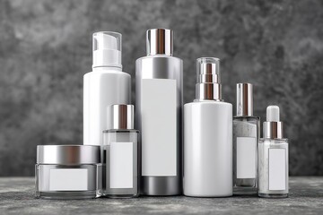 Cosmetic product containers arranged on a neutral surface with copy space available