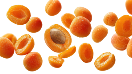 A group of organic dried apricots and sweet fruit isolated on a white background makes a healthy orange snack for a vegetarian diet