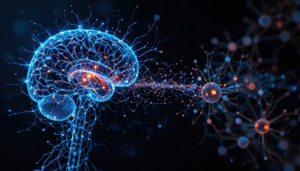 Abstract Representation of a Digital Brain Connected to Molecular Structures with Glowing Neurons