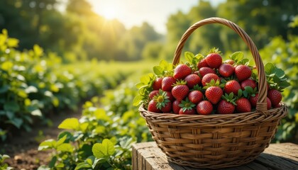 Freshly Harvested Strawberries in a Woven Basket on a Sunny Farm Landscape