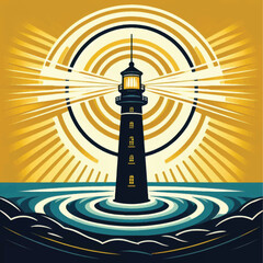 Lighthouse standing tall amidst the ocean waves radiating bright light.