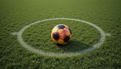 Colorful Soccer Ball Centered on Grass Field Inside a White Circle Marking