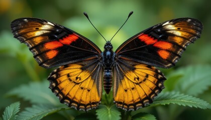 Close-Up of Vibrant Orange and Black Butterfly with Wide Spread Wings in a Lush Green Environment