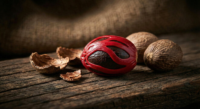 Exotic Nutmeg with Vibrant Red Mace (Fuli) on Dark Rustic Wood Background