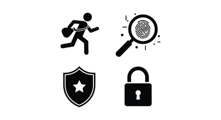 Security icons featuring a running figure fingerprint shield and lock all in silhouette