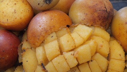 Fresh Cut Mango Slice Among Ripe Pears and Mangoes in a Fruit Display