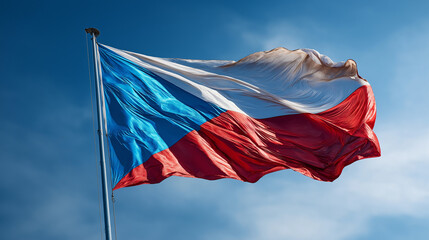 Czech Republic National Flag Waving in the Wind Against Clear Blue Sky, Symbol of European Identity, Patriotism, Democracy and National Pride