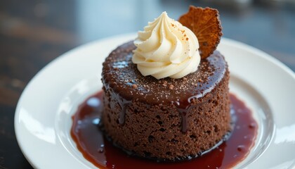 Gourmet Chocolate Cake With Whipped Cream Topped With Cookie Garnish On A White Plate