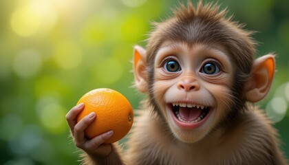 Young Monkey Grinning While Holding a Fresh Orange Against a Lush Green Background