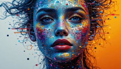 Colorful Abstract Portrait of a Woman with Dynamic Textures and Modern Artistic Expression