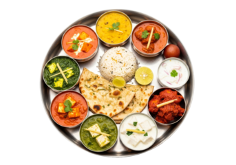 colorful indian thali platter with mixed curries rice and naan